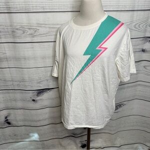 Cream t shirt with teal pink bolt print